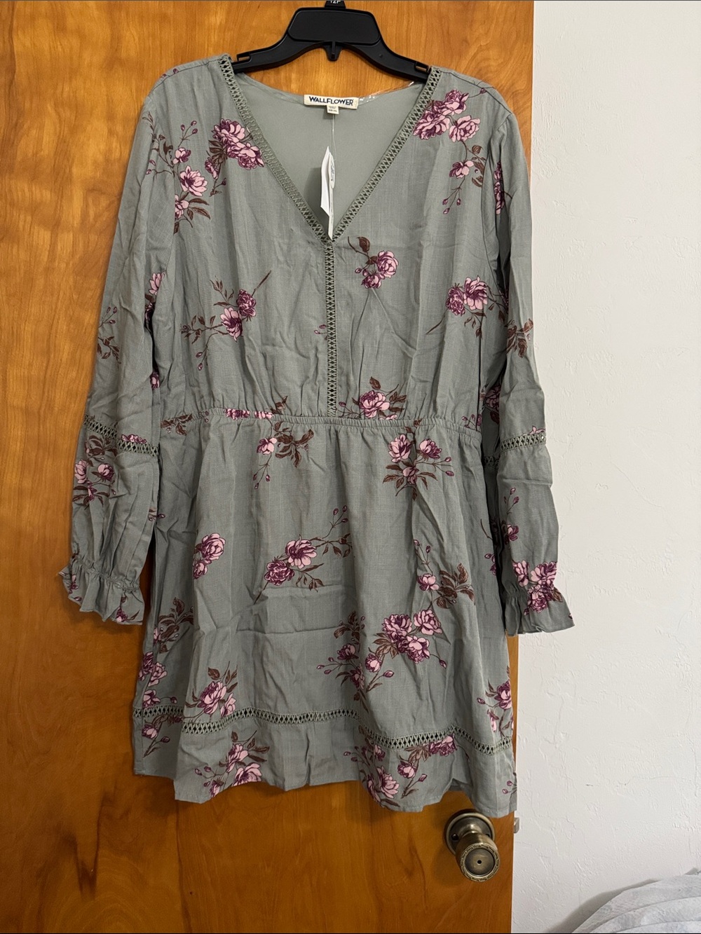 Wallflower Sage Green Floral V-Neck Long Sleeve Dress with Pink Roses